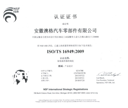 2015年安徽澳格進行ISO/TS16949:2009質量管理體系認證